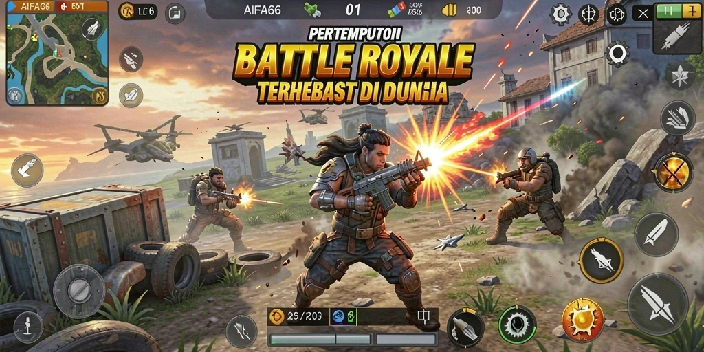 Tampilan aksi pertempuran seru dalam AIFA66 di Arena Battle Royale.