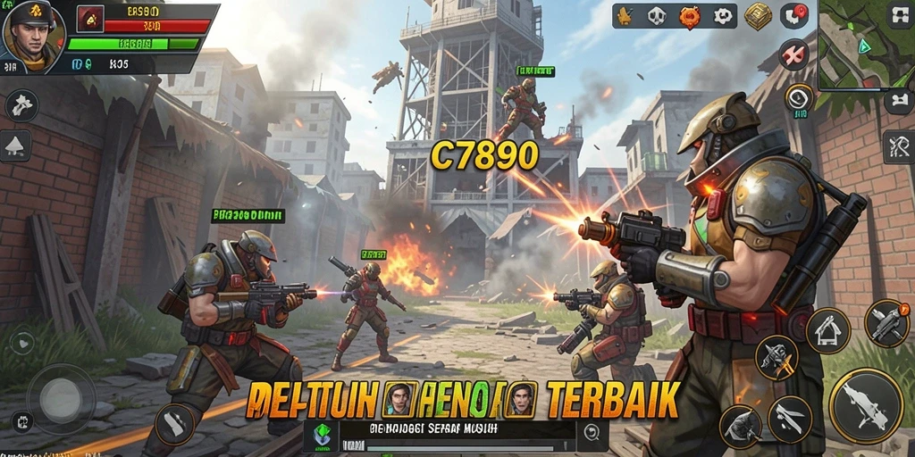 Screenshot C7890 menunjukkan aksi menara melawan gelombang musuh.