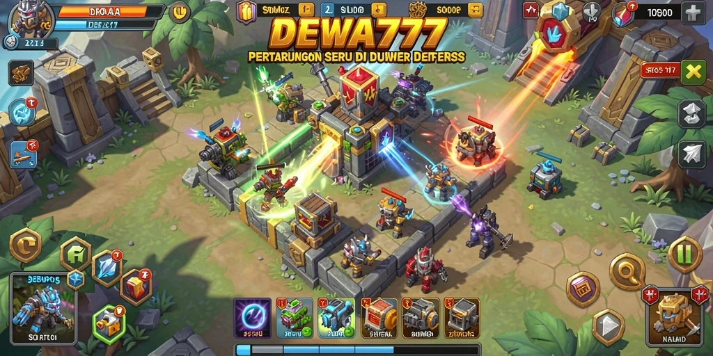 Tangkapan layar gameplay DEWA777 menampilkan aksi menara mempertahankan markas dari serangan musuh.