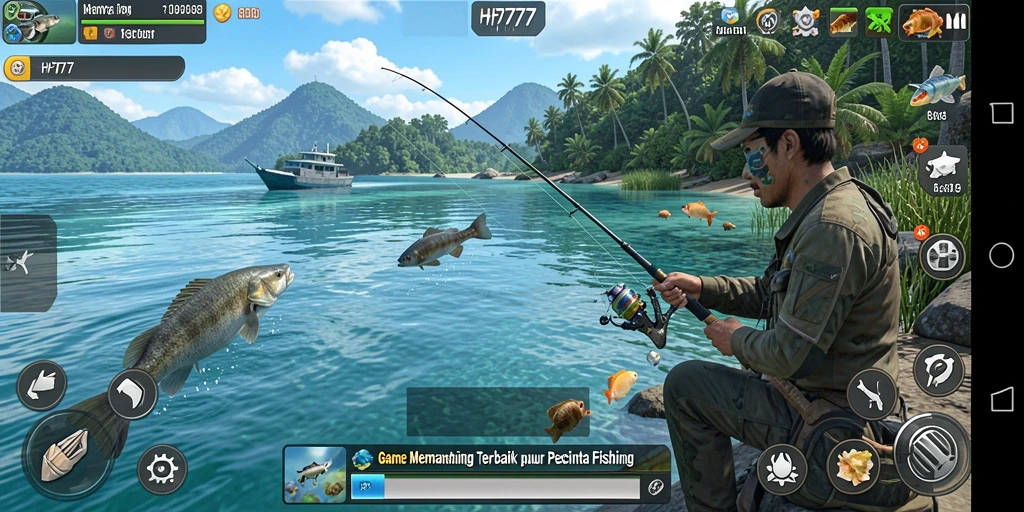 Screenshot utama gameplay HP777 yang menunjukkan saat menangkap ikan.