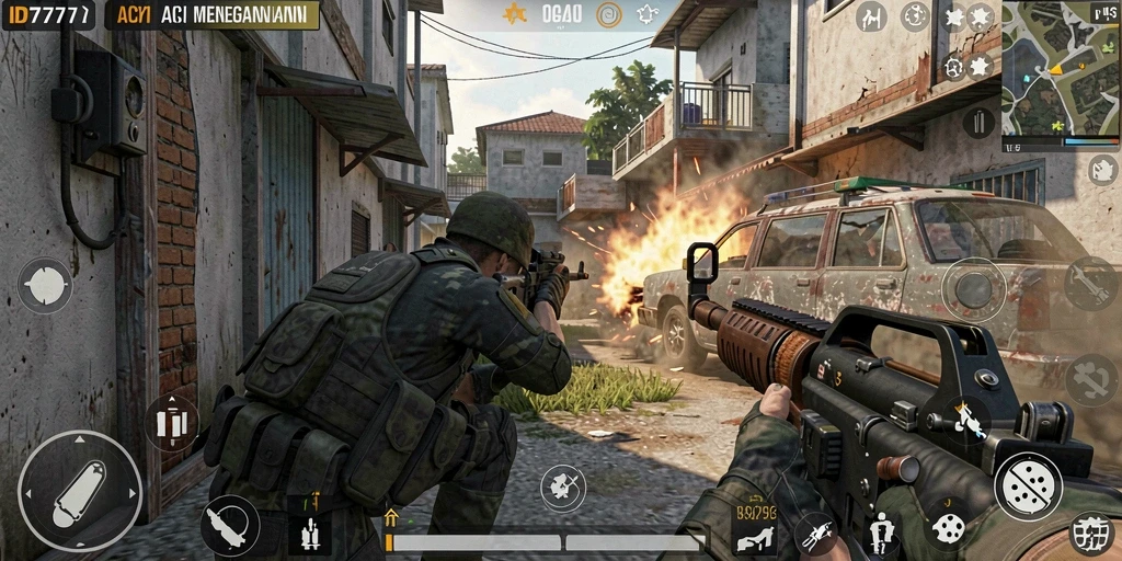 Menampilkan aksi menegangkan dalam gameplay FPS ID777.