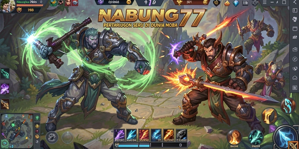 Tangkapan layar permainan NABUNG77 yang menunjukkan aksi seru di arena MOBA.