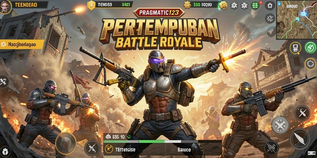 Tampilan utama PRAGMATIC123 menunjukkan aksi seru pertempuran Battle Royale.