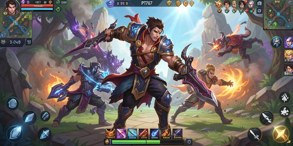 Tampilan seru gameplay PT707 dengan pertarungan antar karakter MOBA.