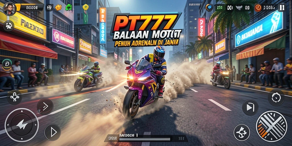 Screenshot PT777 menampilkan aksi balapan motor yang mendebarkan.