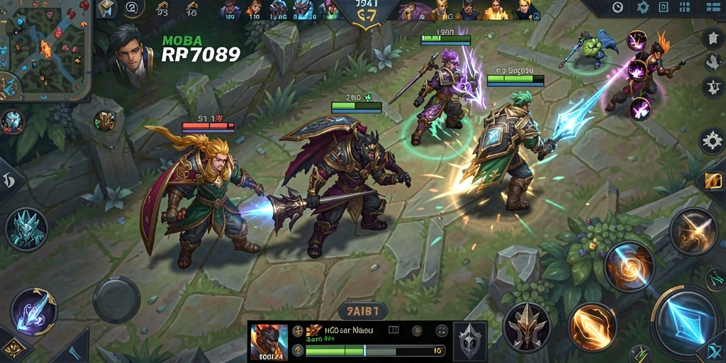 Screenshot utama RR789 menampilkan pertarungan seru di arena MOBA.