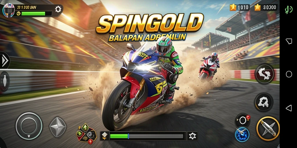 Gameplay SPINGOLD dengan balapan motor yang seru dan cepat.